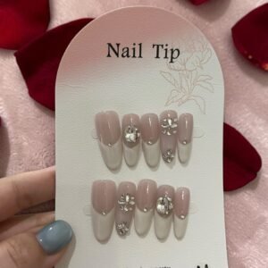 pearl press on nails nude gradient rhinestone almond shape