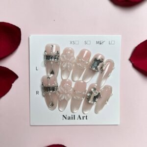nude pink floral rhinestone press on nails with pearls long almond glossy
