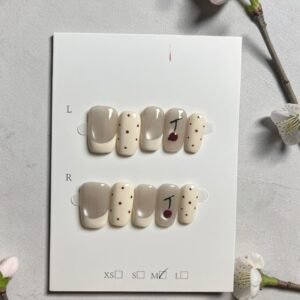 cherry french press on nails nude cream polka dot short square