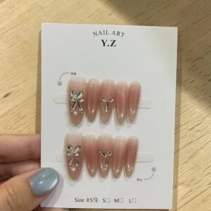 bow nude gradient press on nails with 3D bow design