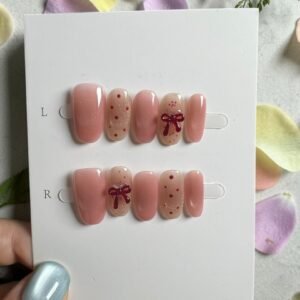 nude bow polka dot press on nails
